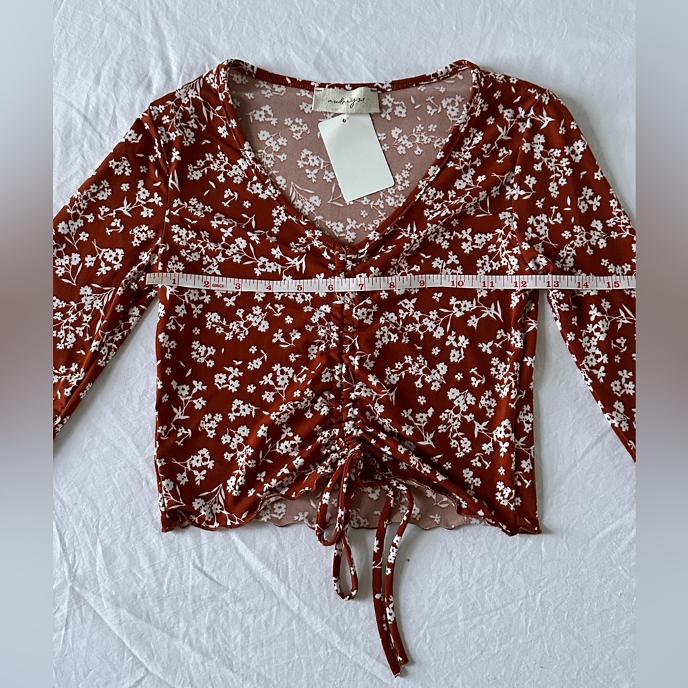 Audrey 3+1 Reddish Brown Floral Tie Front Crop Top